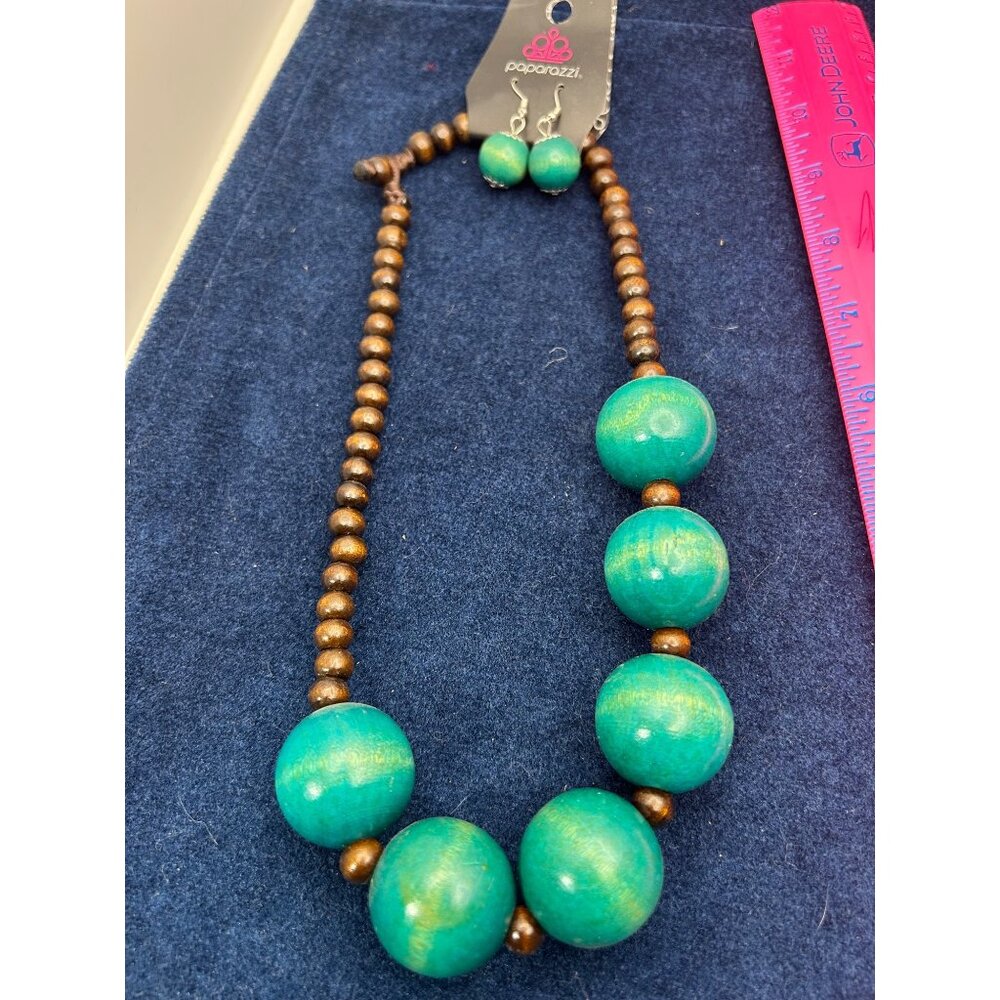 Paparazzi Cozumel Coast Necklace & Earrings Set Brown & Teal Beads Adjustable Fi